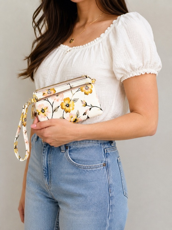 a new day Handbags - A New Day Floral Wristlet Wallet Cream Yellow Zip Pouch